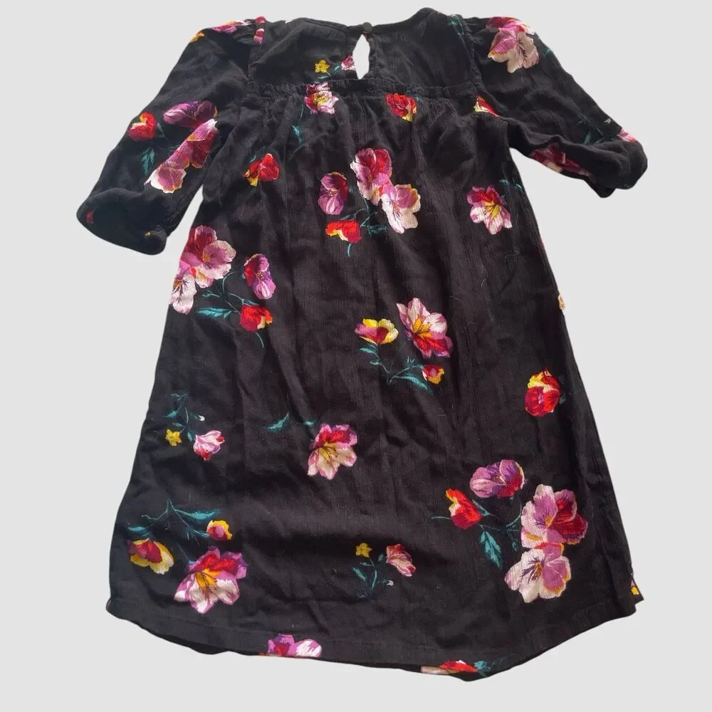Old Navy Kids Girls Size Small 5/6 Black Floral Fit & Flare 3/4 Sleeve Dress